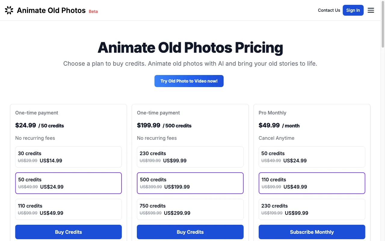 Animate Old Photos — pricing page