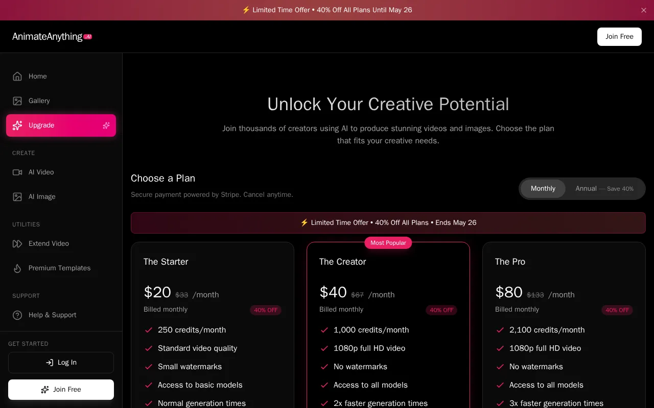 Animateanything — pricing page