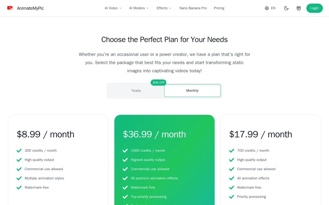 Animatemypic — pricing page
