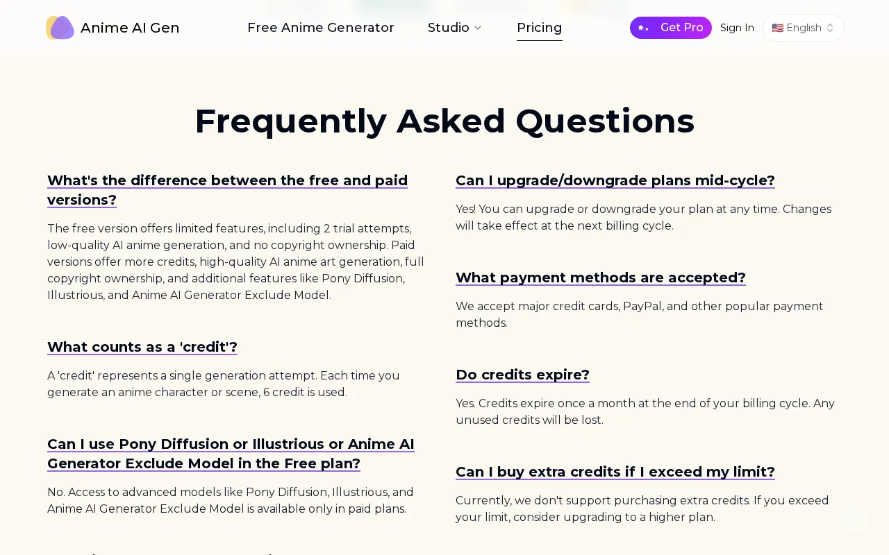 Anime AI Gen — pricing page