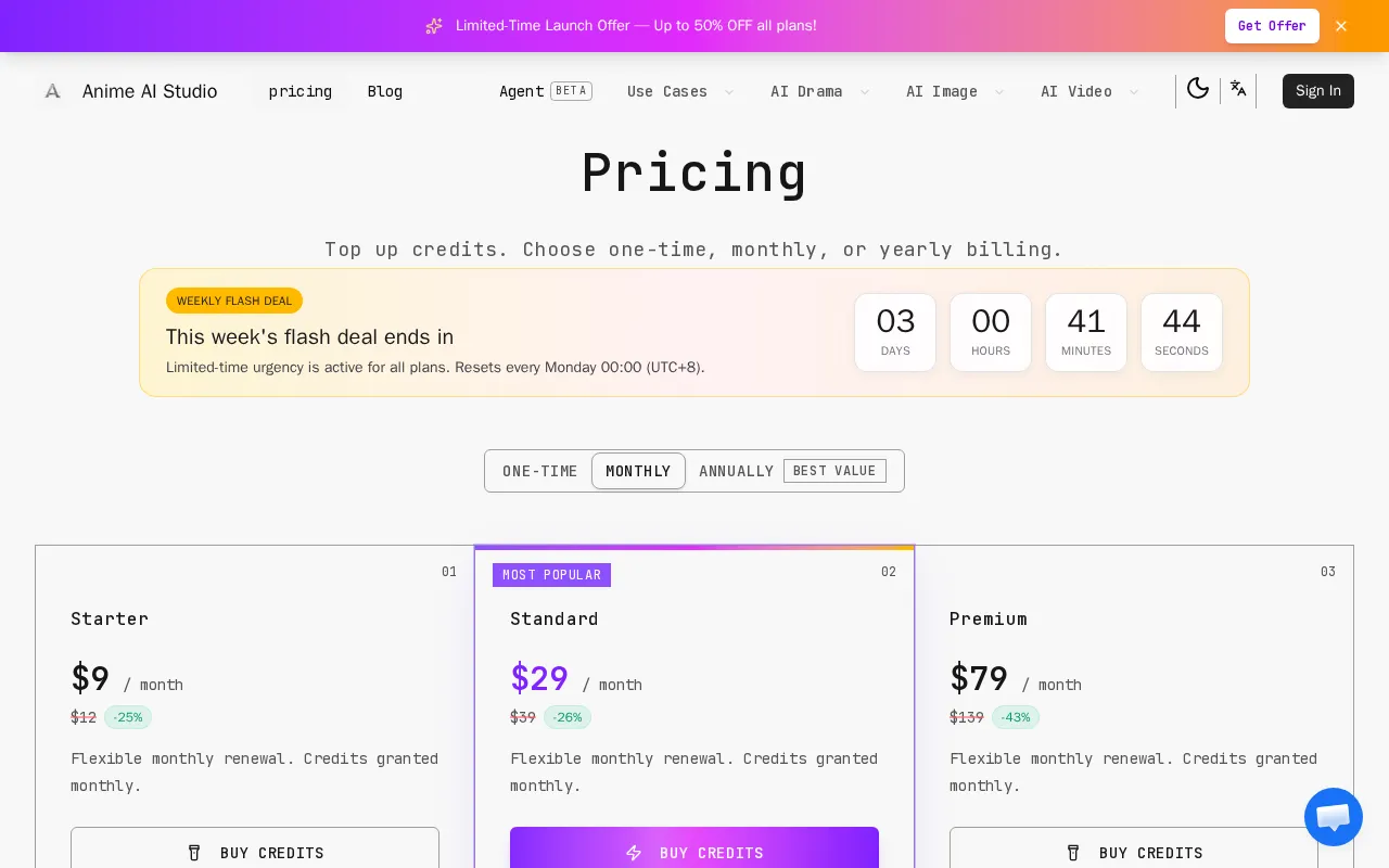 Anime AI Studio — pricing page