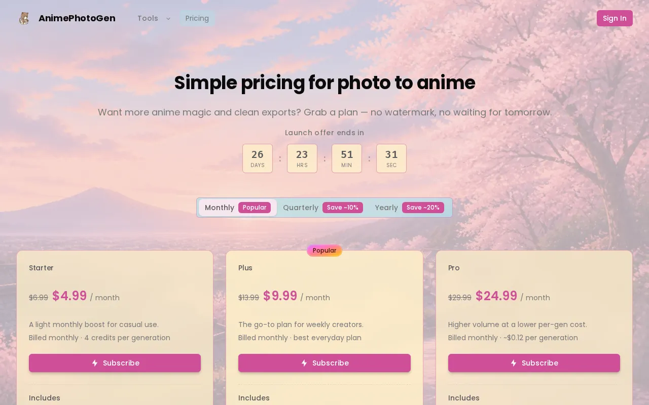 AnimePhotoGen — pricing page