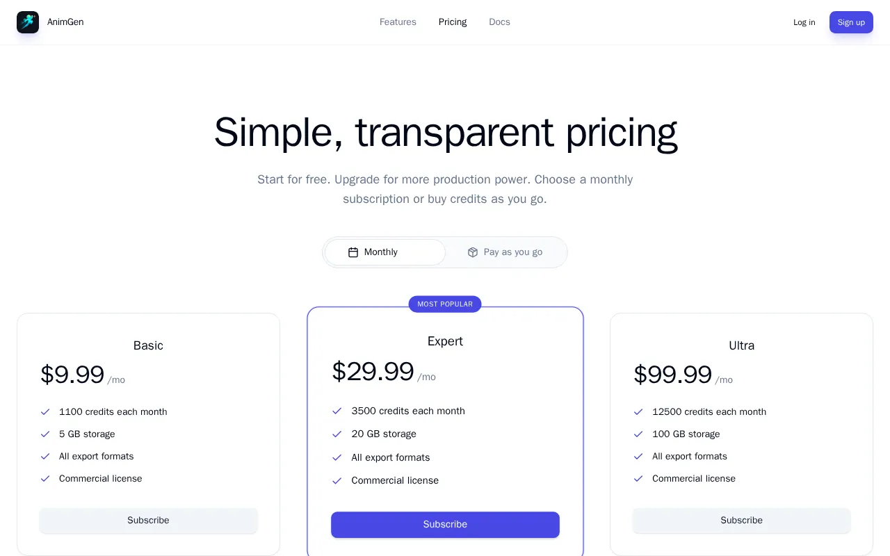 AnimGen — pricing page