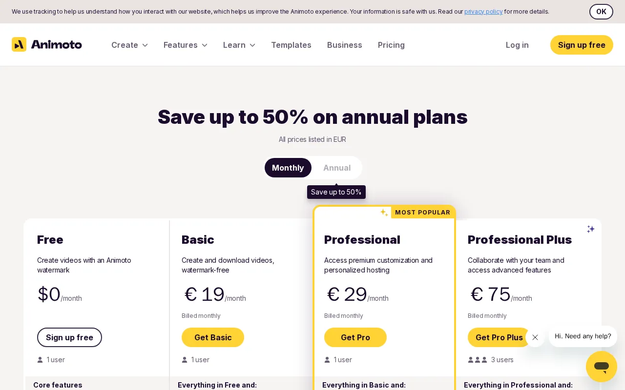 Animoto — pricing page