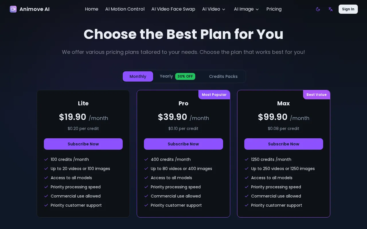 Animove AI — pricing page