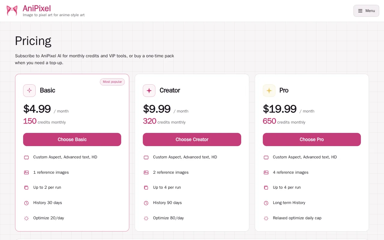 AniPixel AI — pricing page