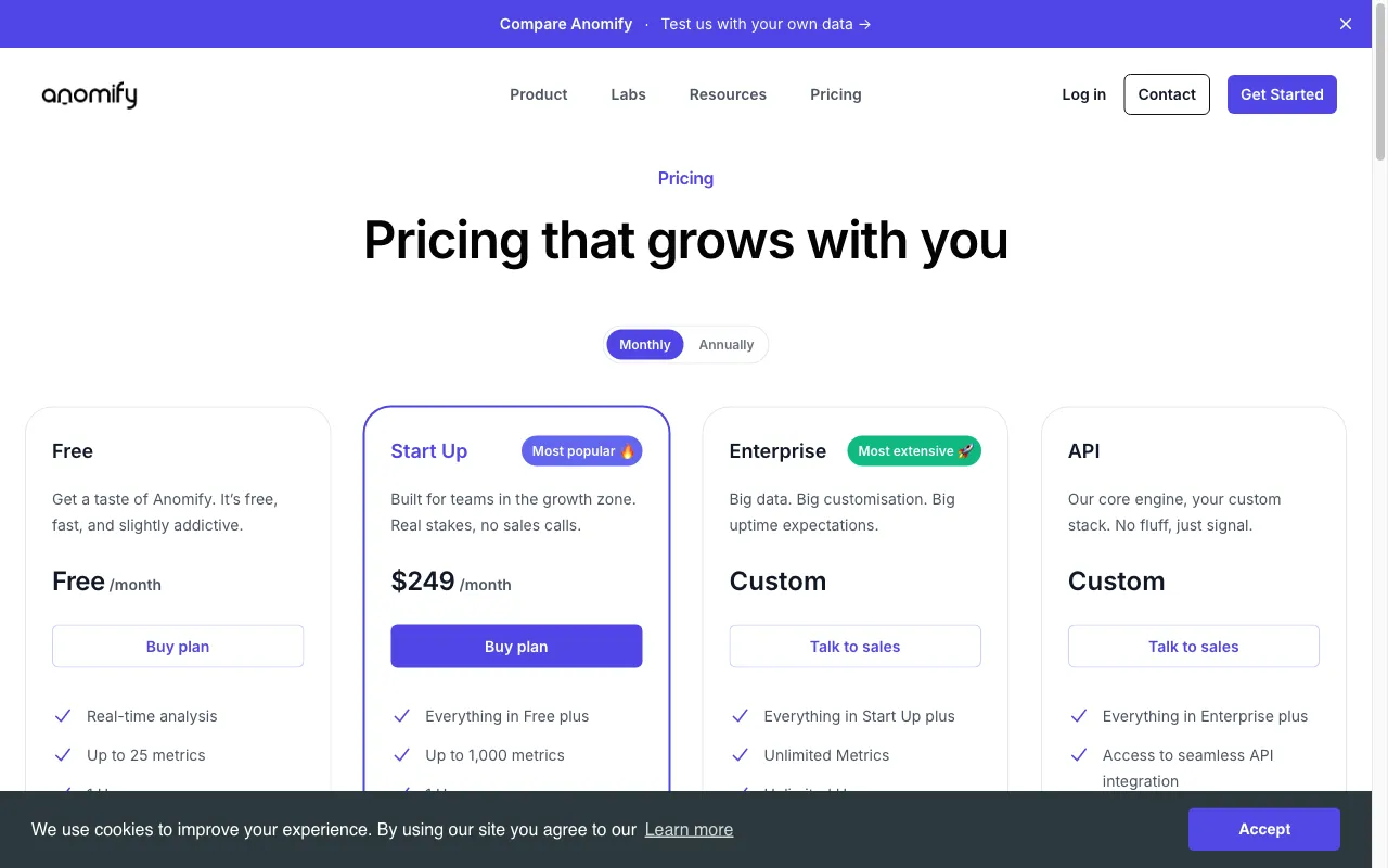 Anomify — pricing page