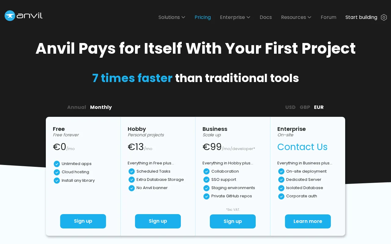 Anvil — pricing page