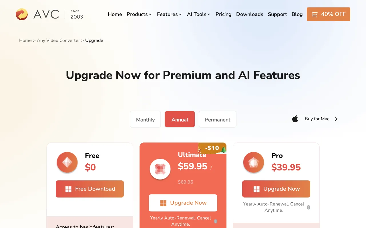 Any Video Converter AI Video Enhancer — pricing page