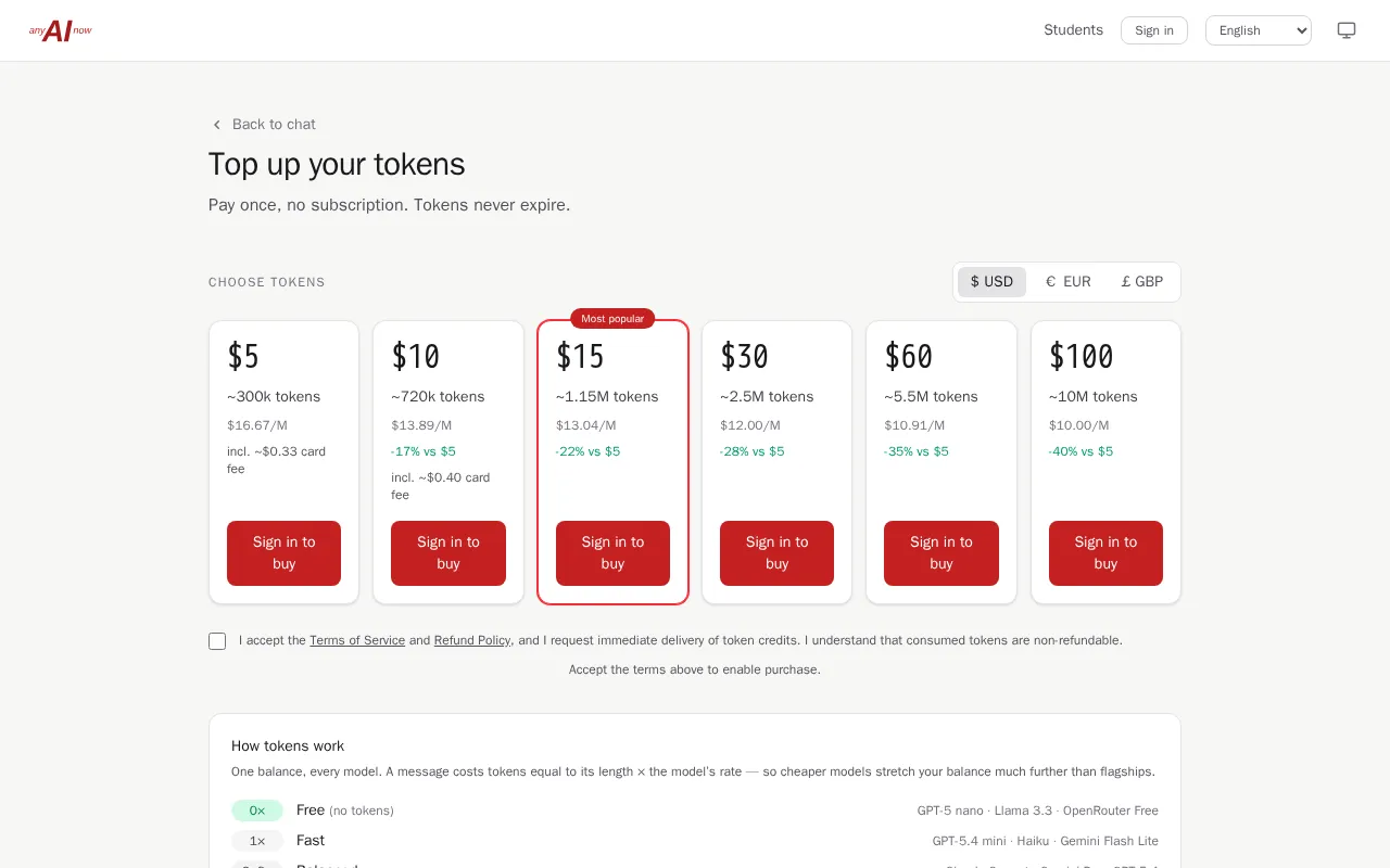 anyAInow — pricing page