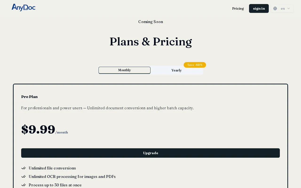 AnyDoc Online — pricing page