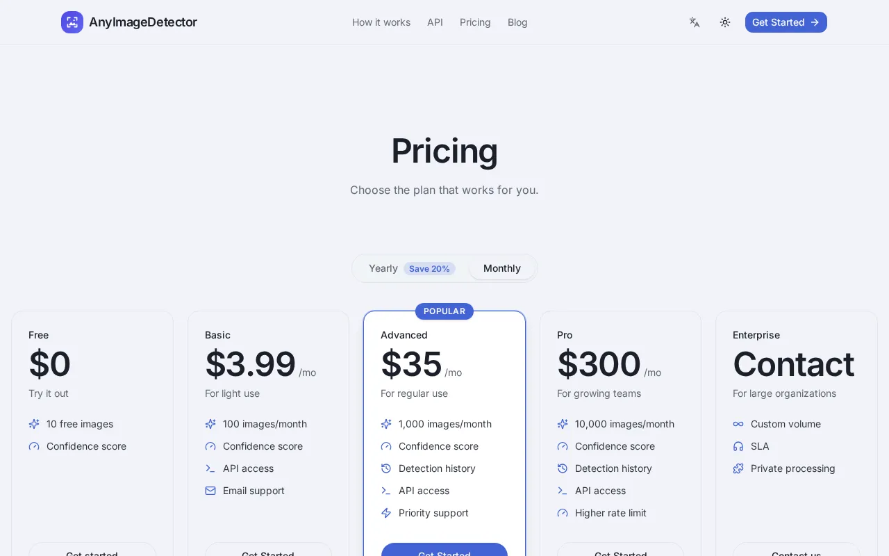 AnyImageDetector — pricing page