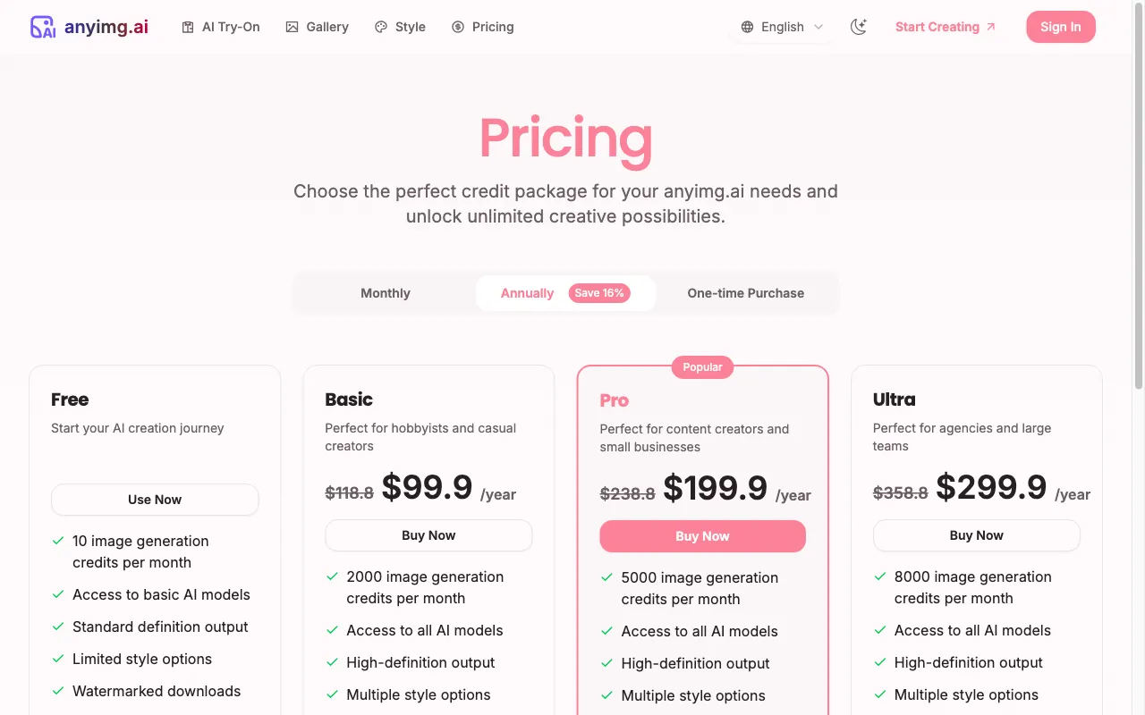 AnyImg AI — pricing page