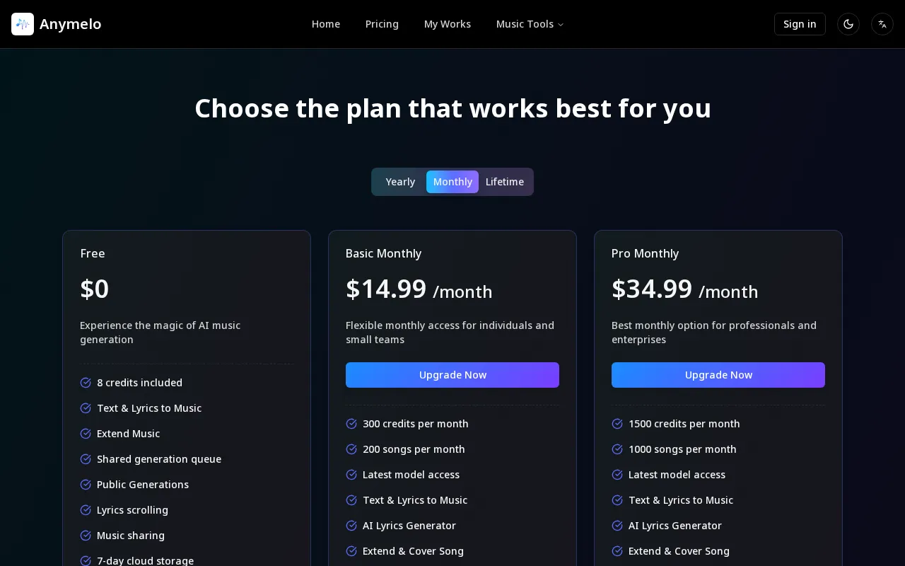 Anymelo — pricing page