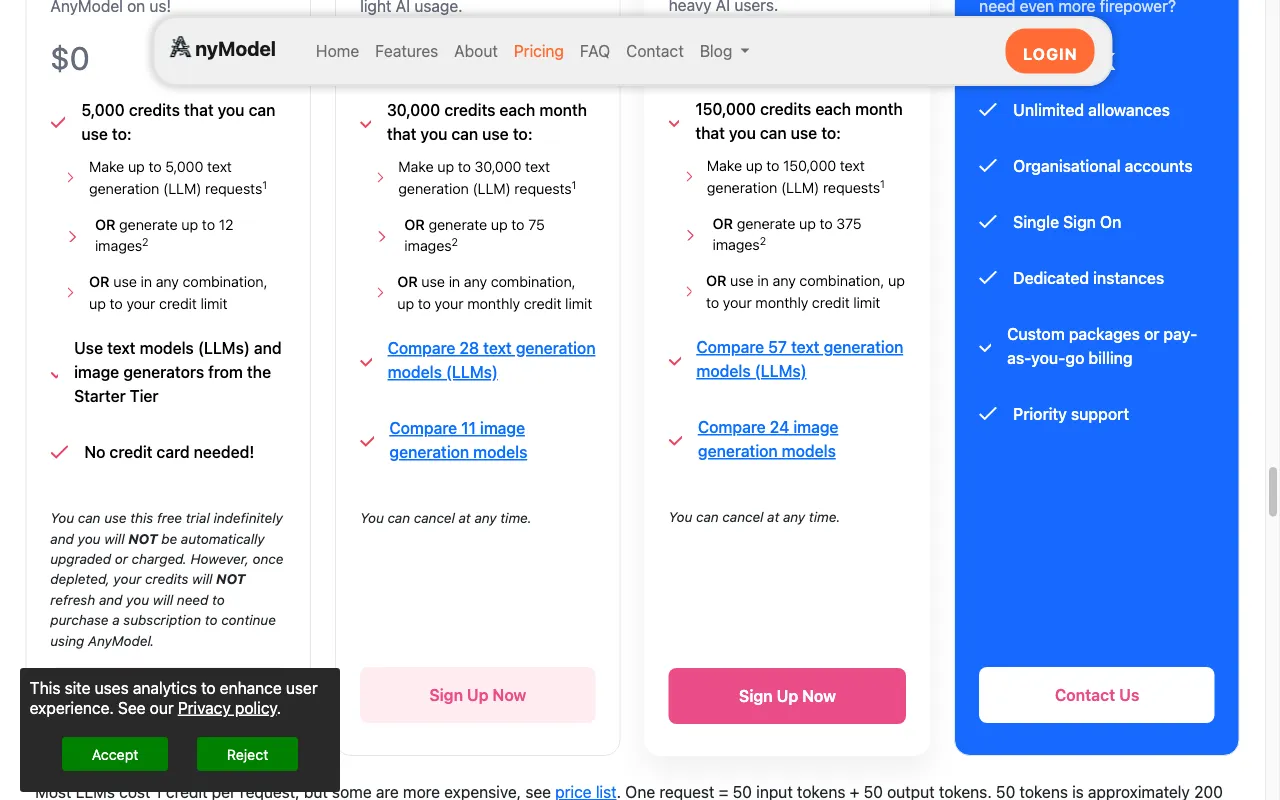 Compare AI models - 50+ models with one account — pricing page