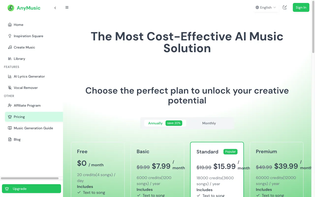 AnyMusic — pricing page