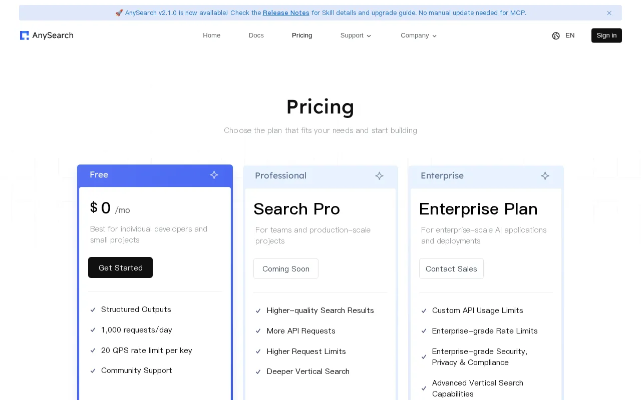 AnySearch — pricing page