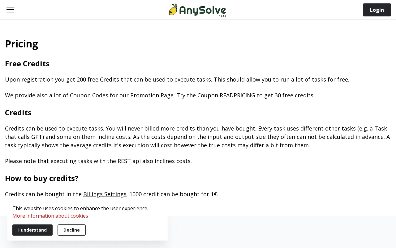 AnySolve.ai — pricing page
