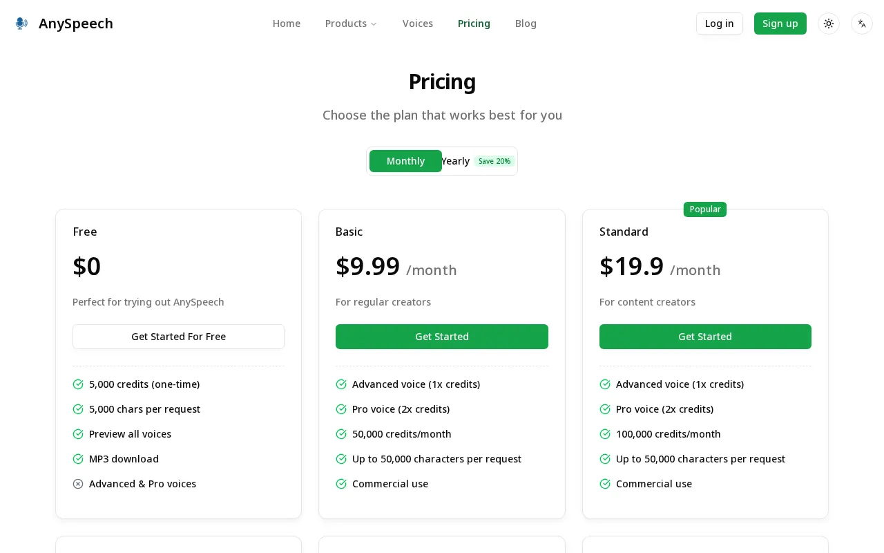AnySpeech — pricing page