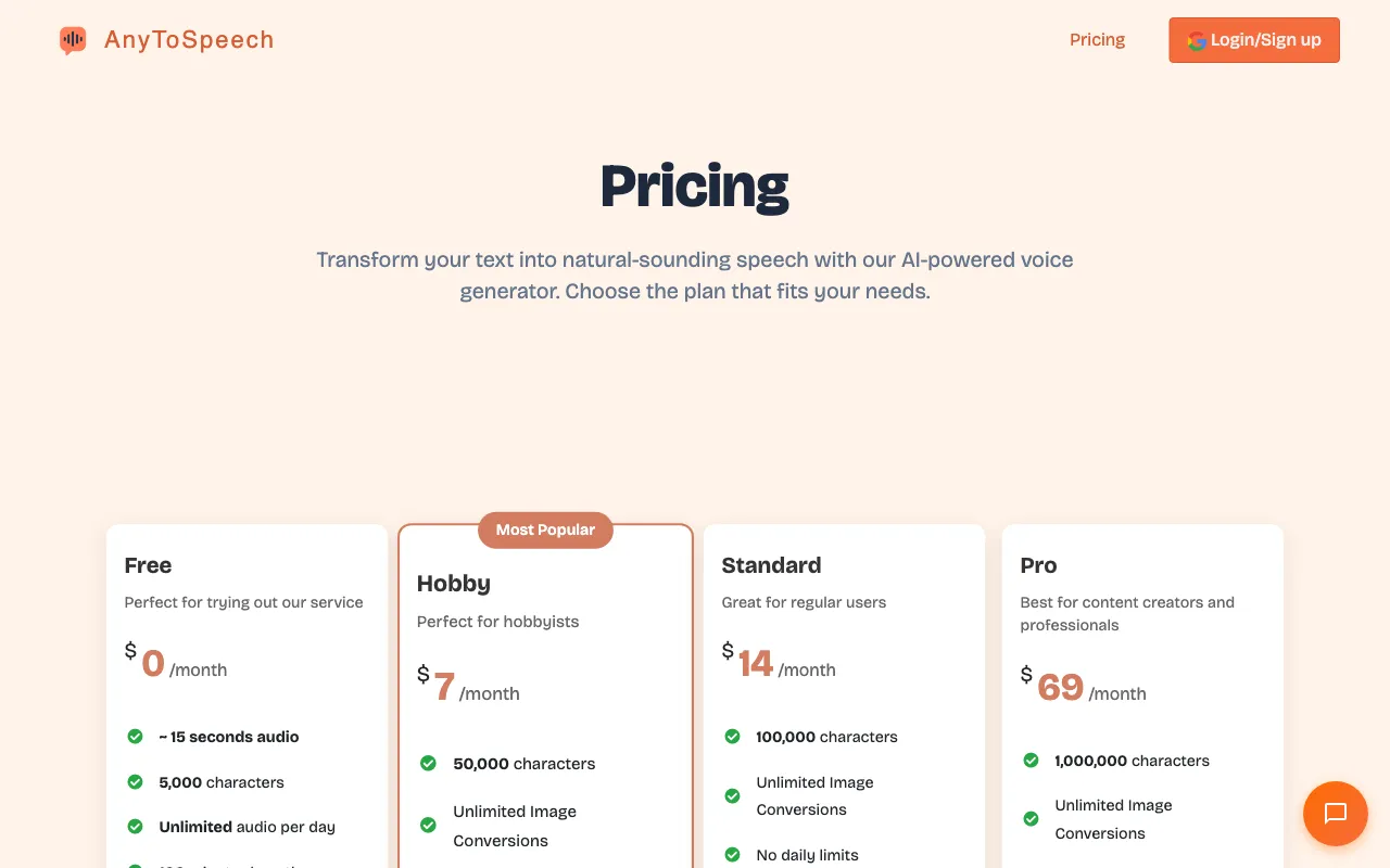 AnyToSpeech — pricing page