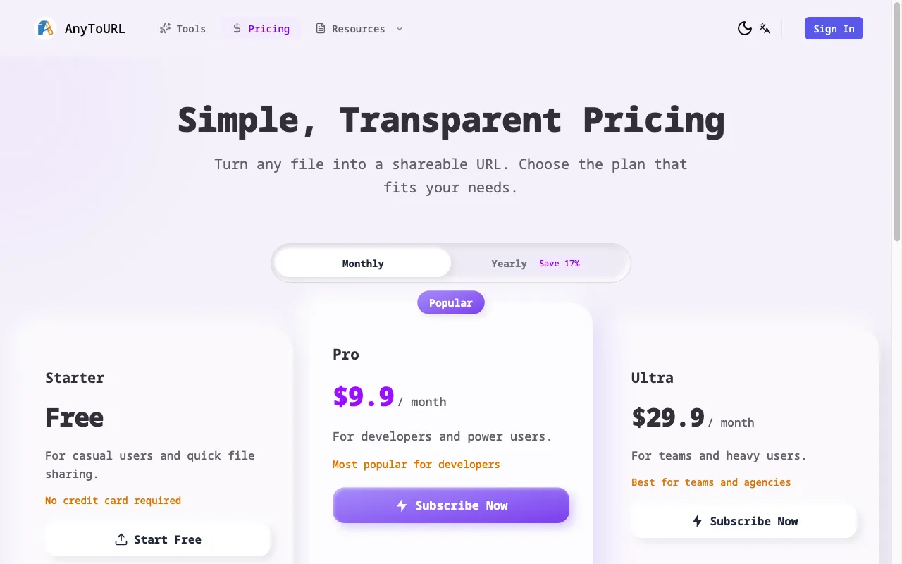 AnyToURL — pricing page