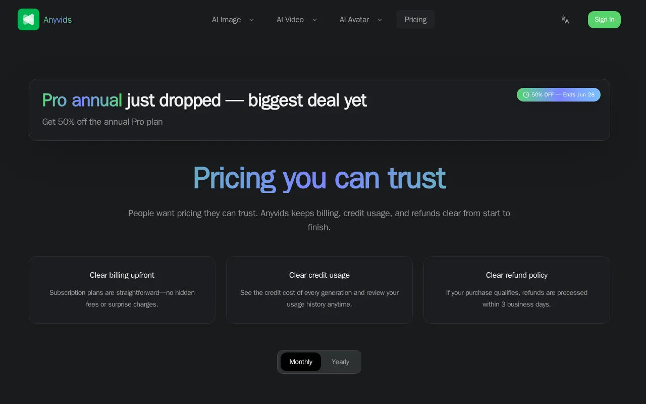 Anyvids AI — pricing page