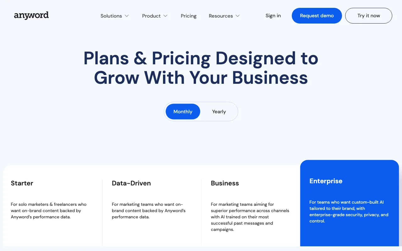 Anyword — pricing page