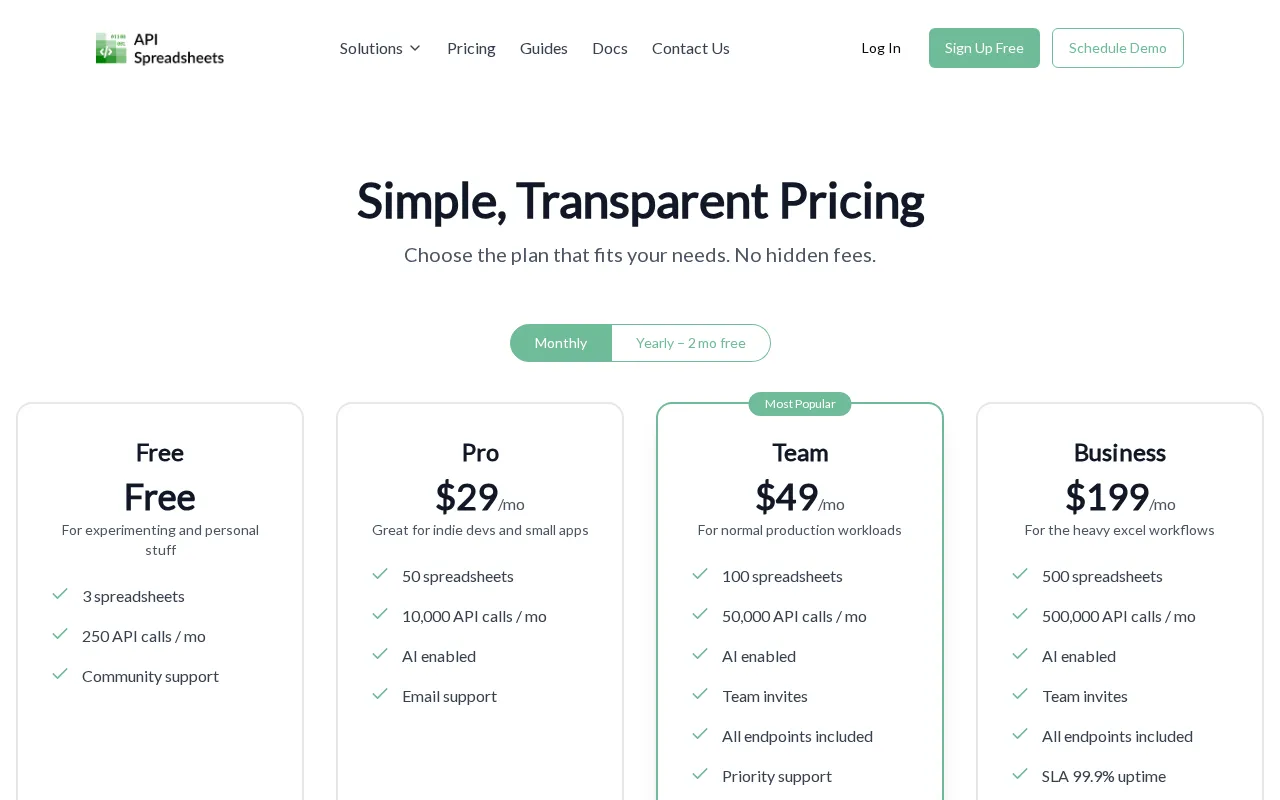Api Spreadsheets — pricing page