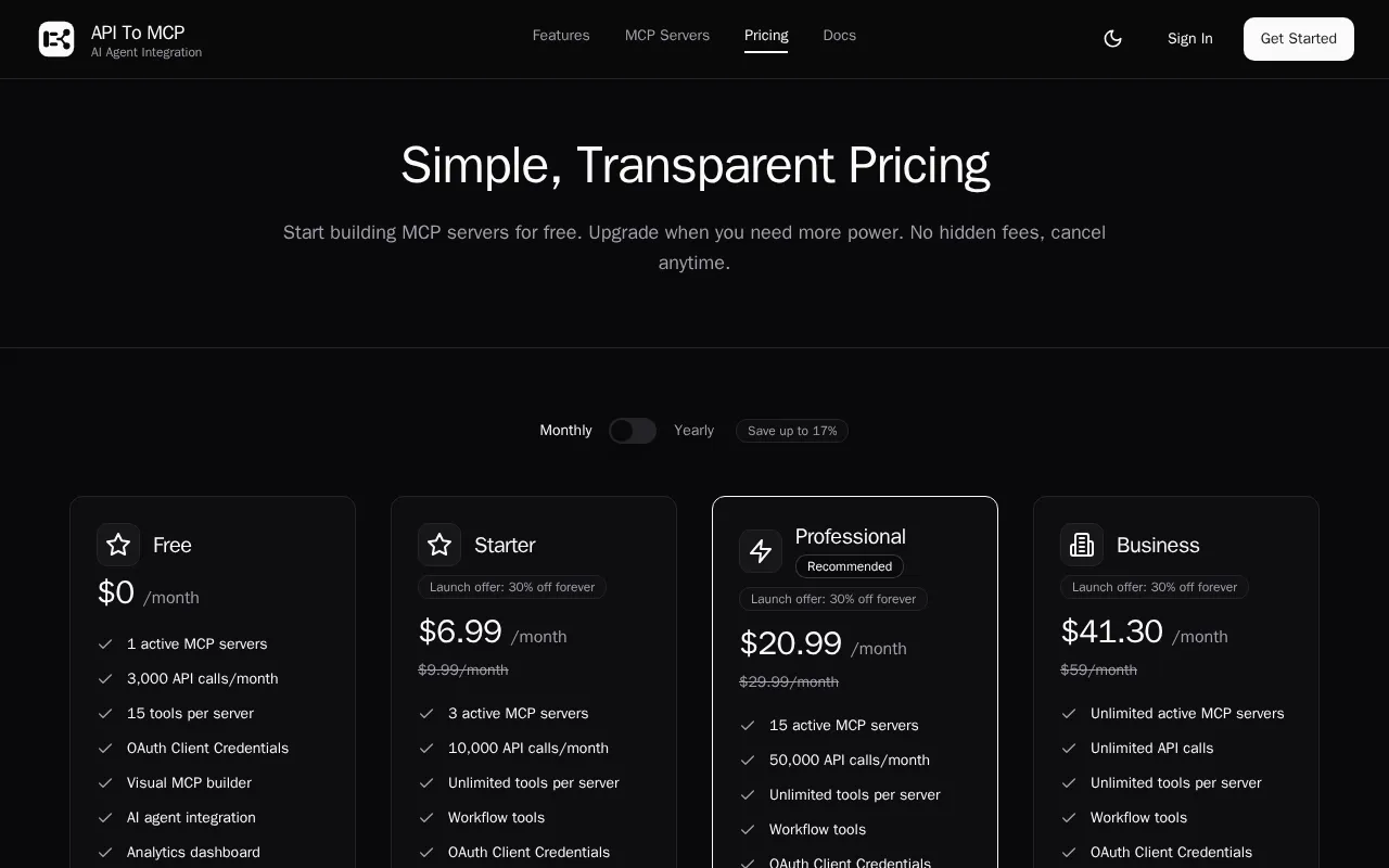API to MCP — pricing page