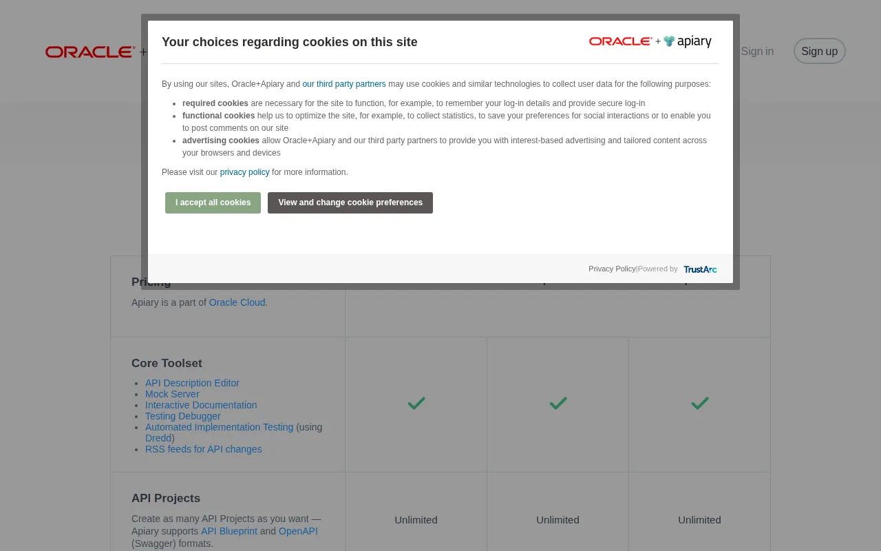 Apiary — pricing page