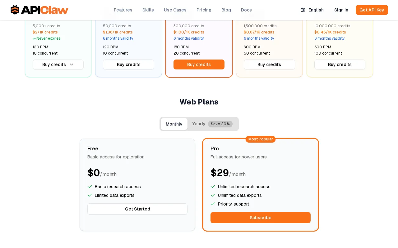 APIClaw — pricing page