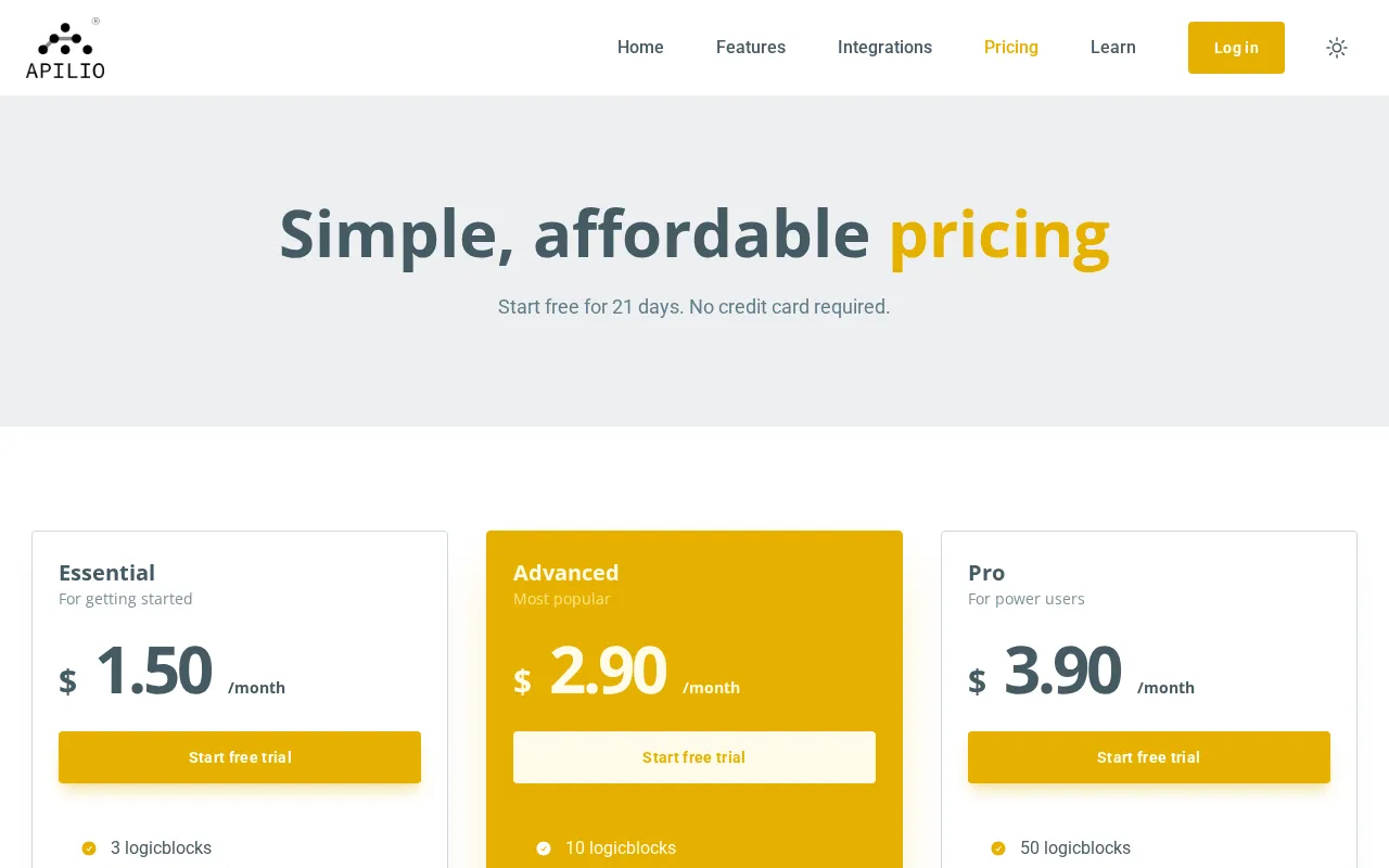 Apilio — pricing page