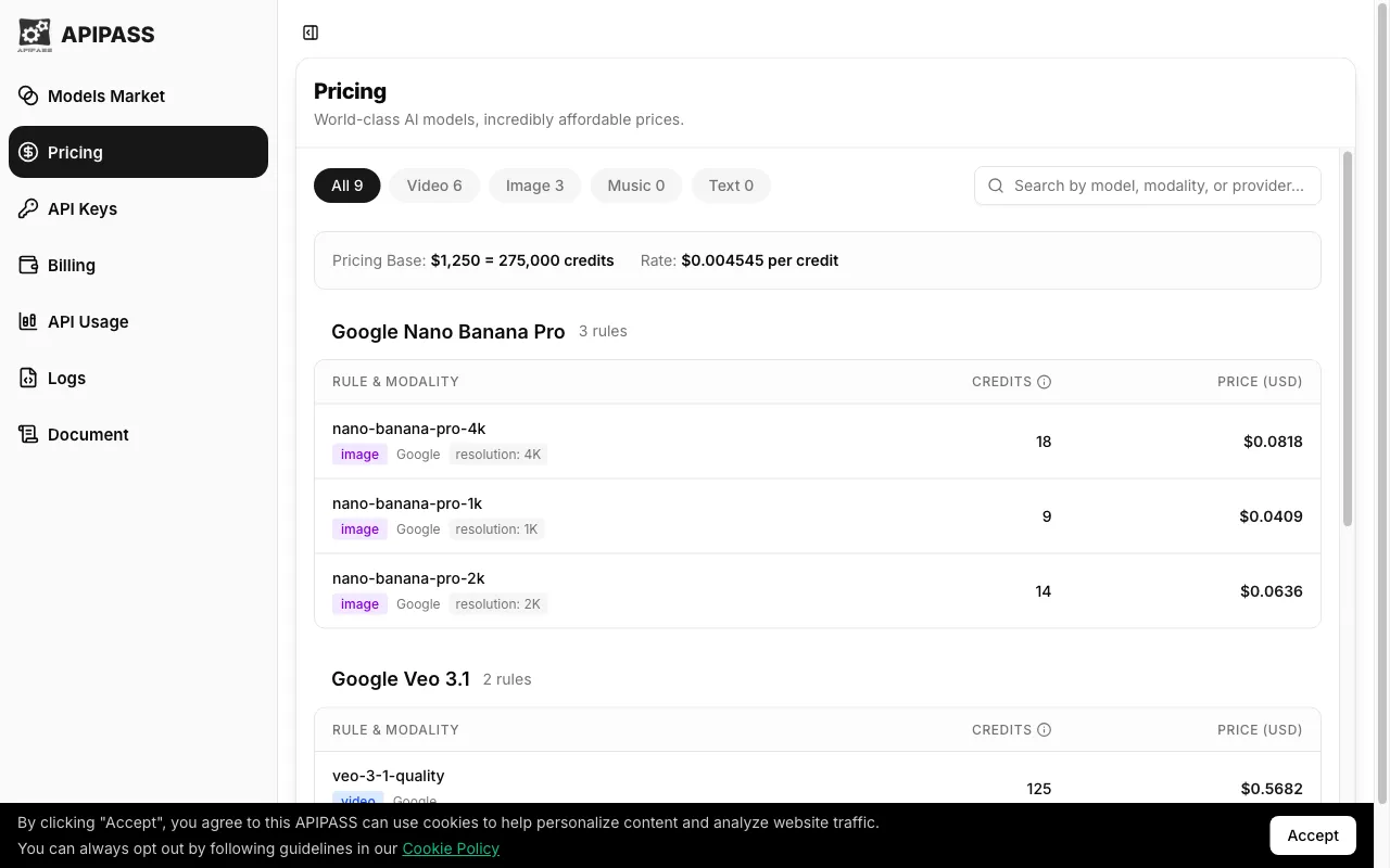 APIPASS API Marketplace — pricing page