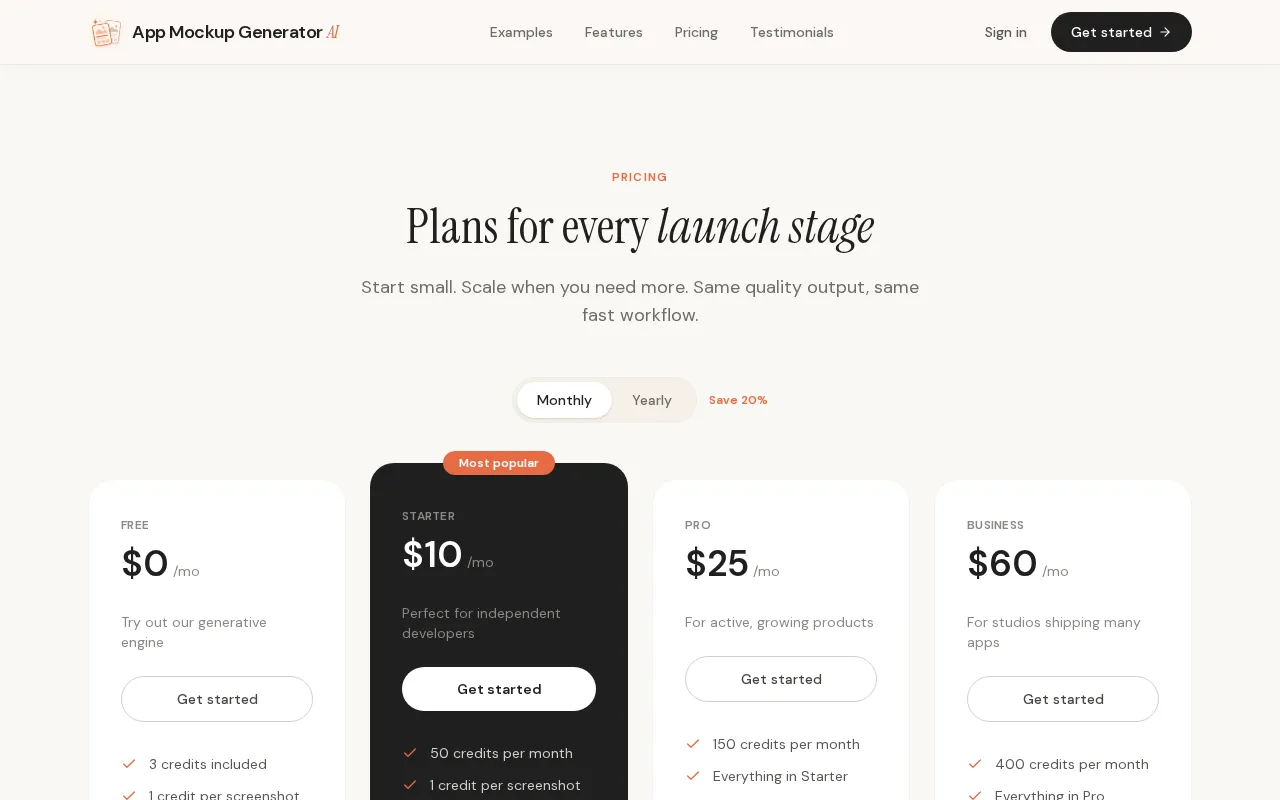 App Mockup Generator AI — pricing page