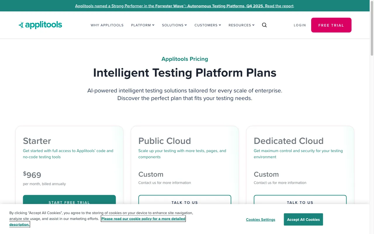 Applitools Eyes — pricing page