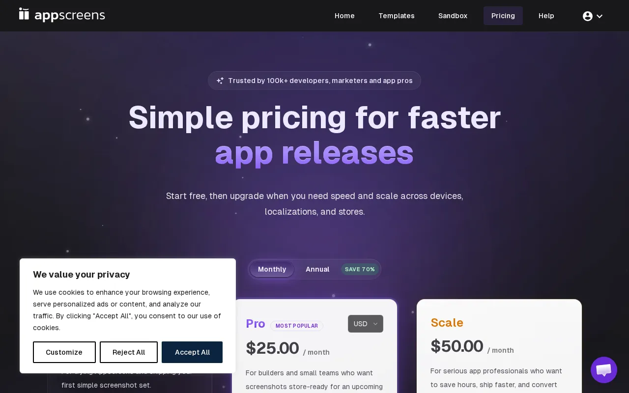 AppScreens — pricing page