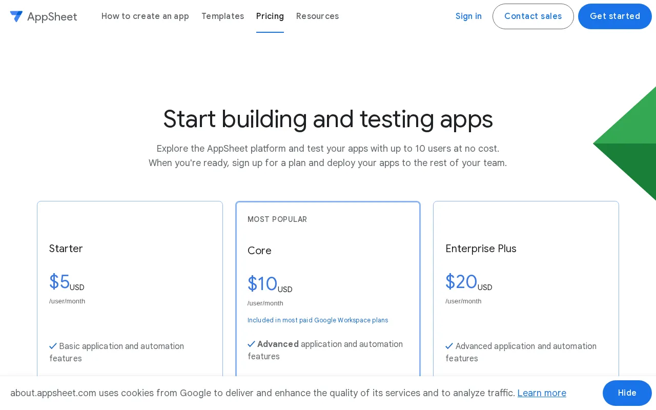 AppSheet — pricing page
