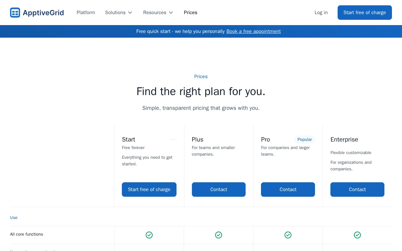 ApptiveGrid — pricing page