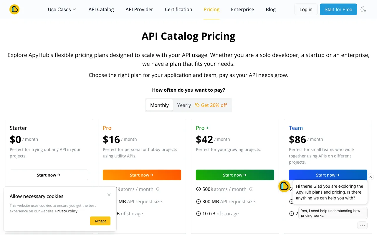 ApyHub AI APIs — pricing page