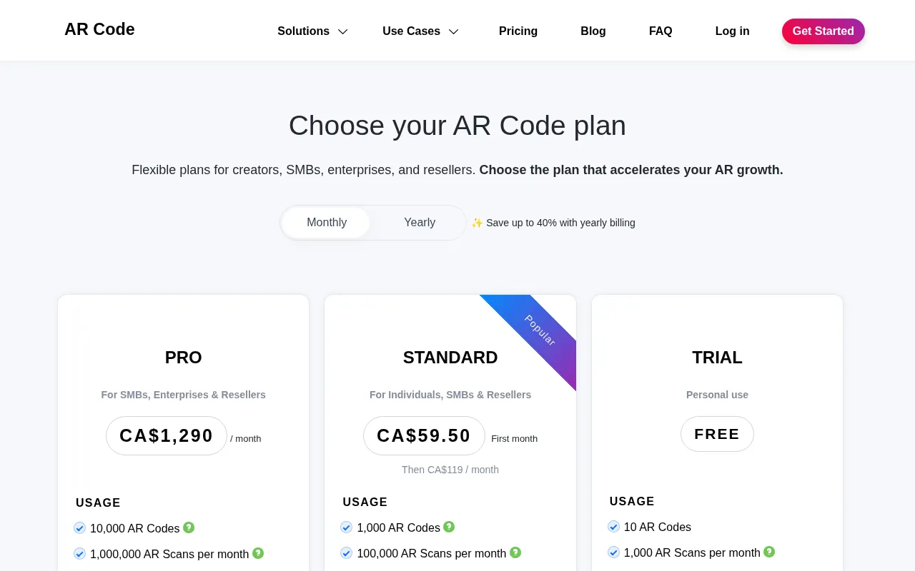 AR GenAI — pricing page