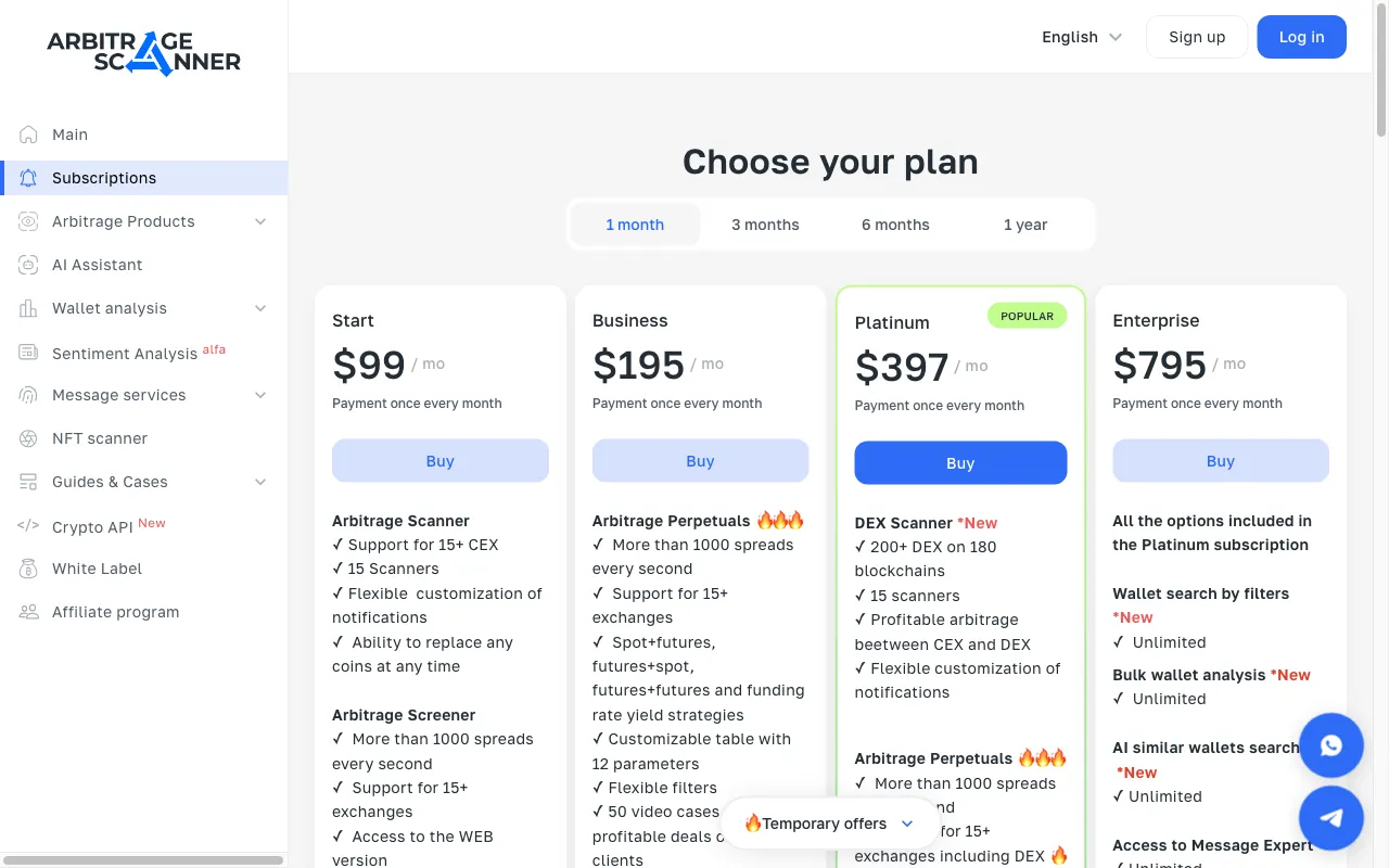 Arbitrage Scanner — pricing page