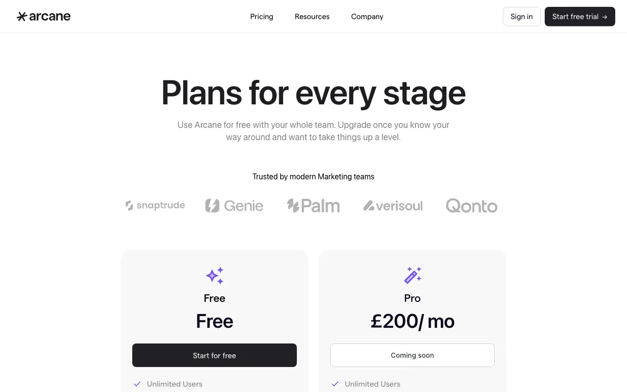 Arcane — pricing page