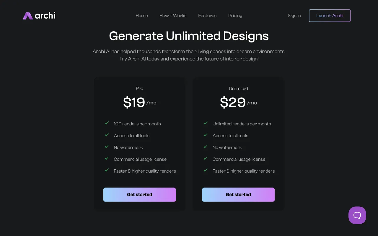 Archi — pricing page