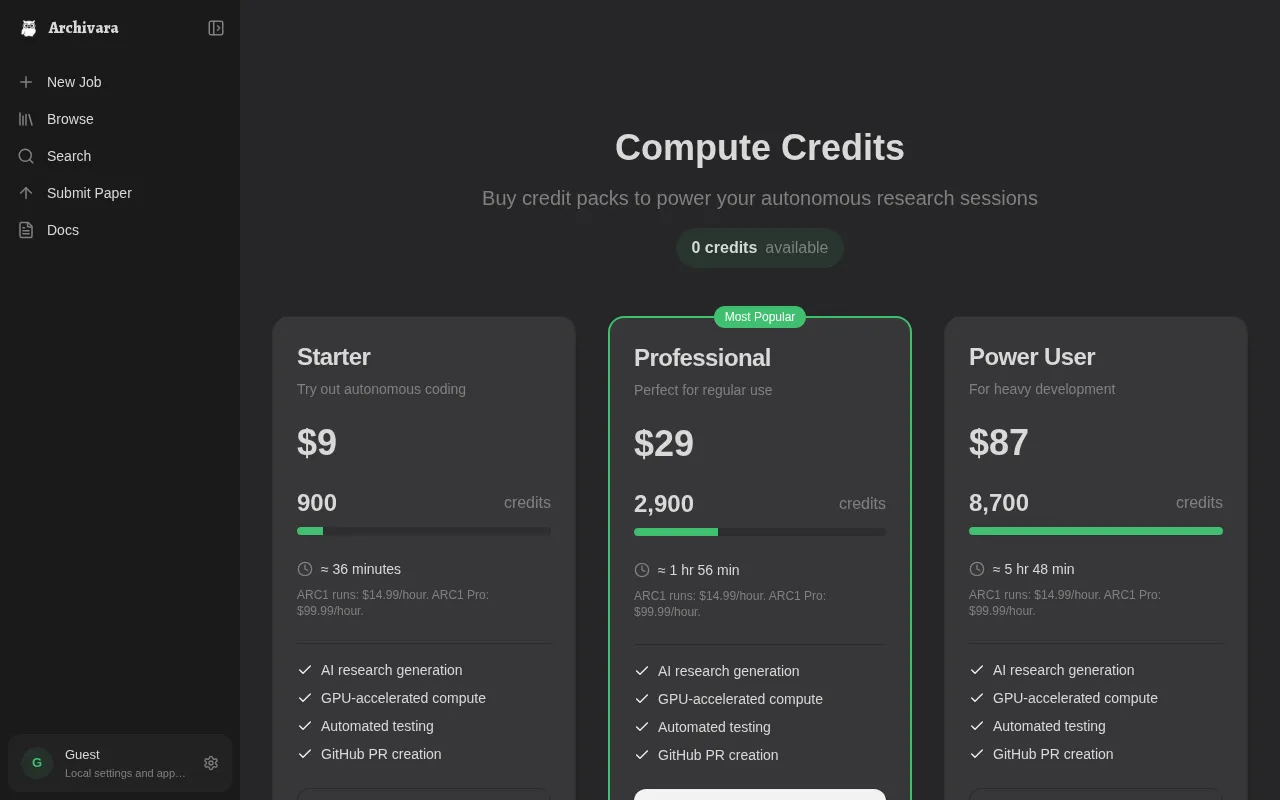 Archivara — pricing page