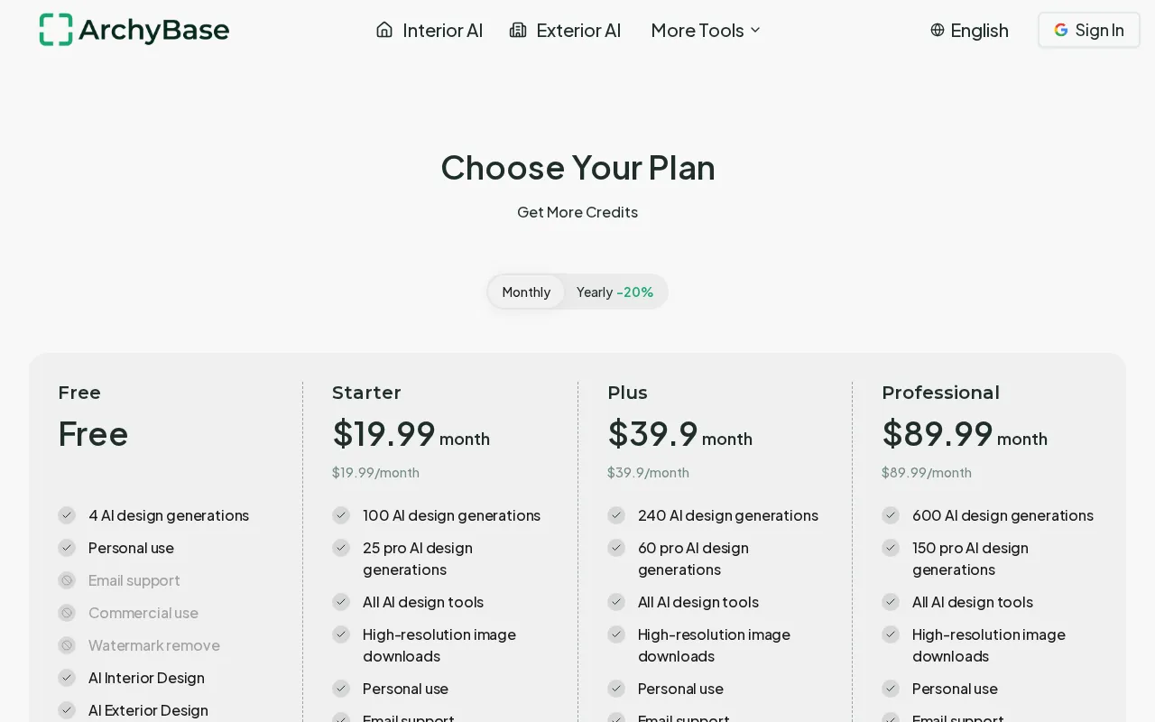 ArchyBase — pricing page