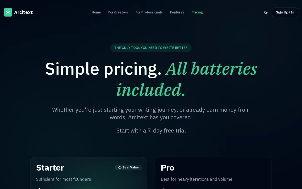 Arcitext.com — pricing page