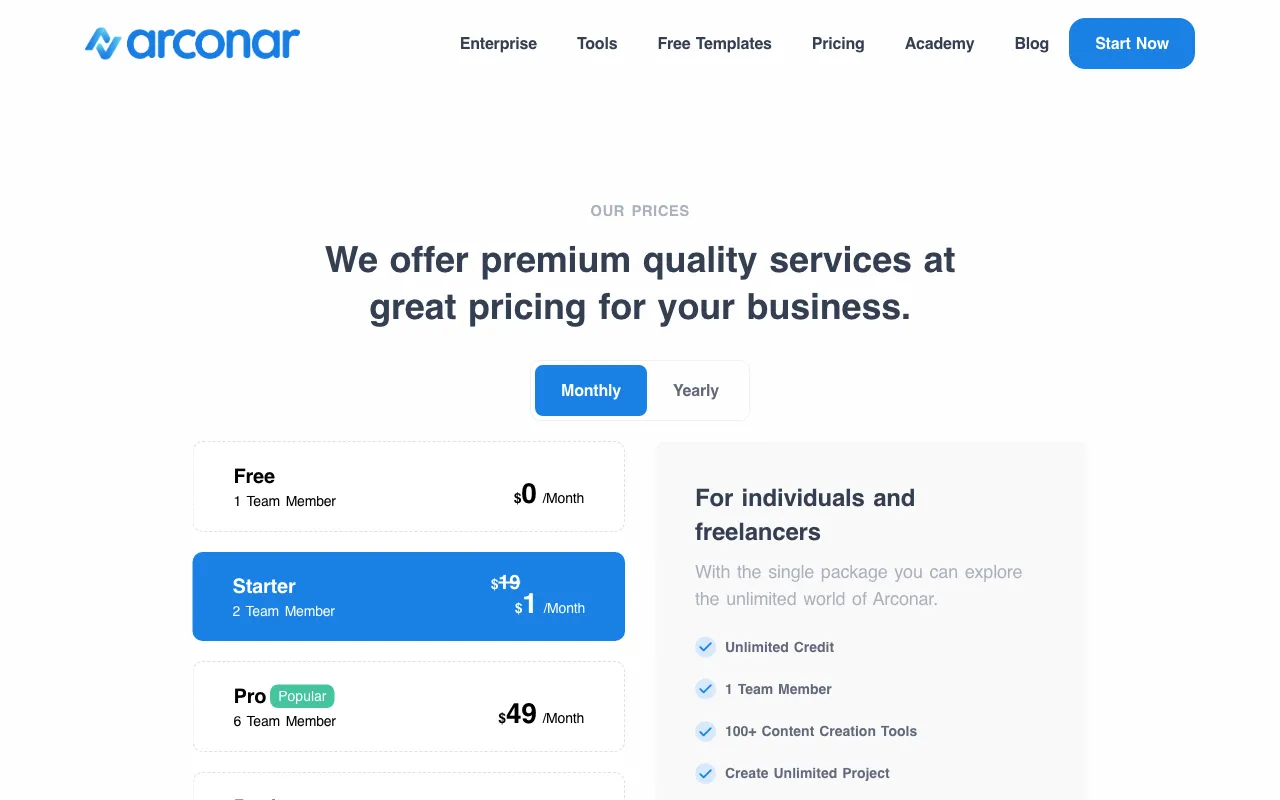 Arconar — pricing page