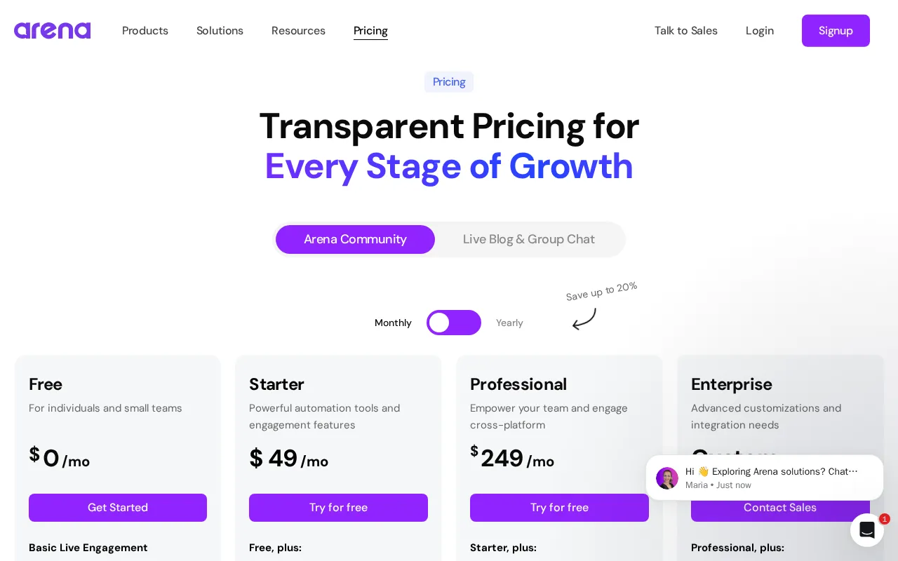Arena — pricing page