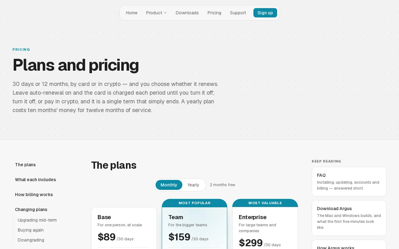 Argus Browser — pricing page