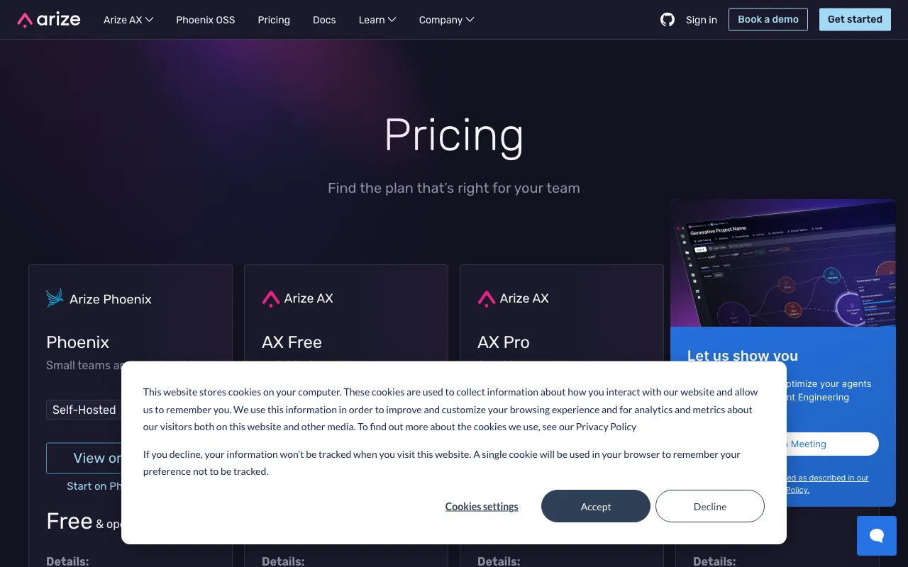 arize.com — pricing page